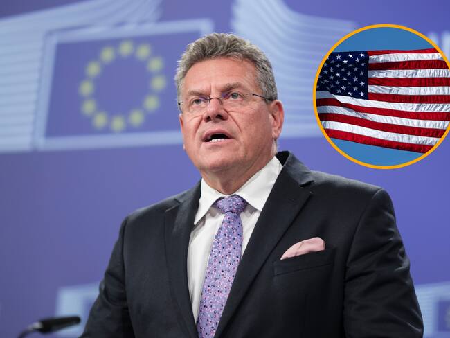 Maros Sefcovic y bandera de EE.UU. Foto: Thierry Monasse/Tomohiro Ohsumi/Getty Images.