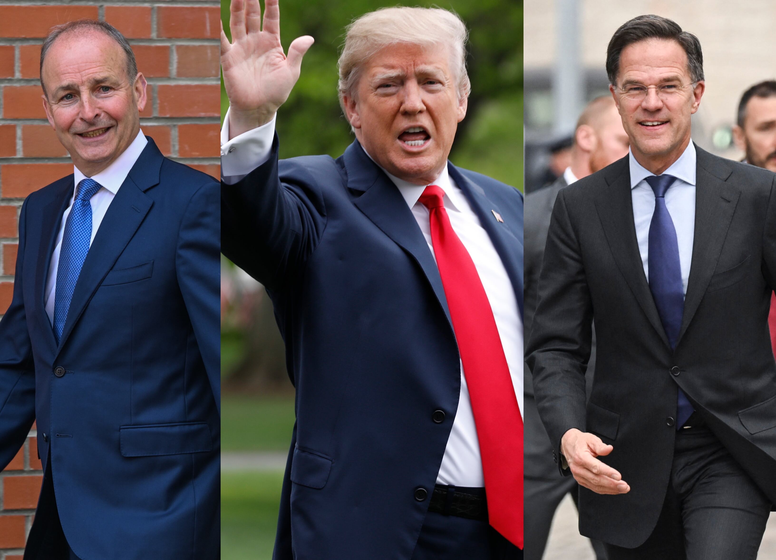 Primer ministro irlandés, Micheál Martin (i), Donald Trump y secretario general de la OTAN, Mark Rutte (d). 
