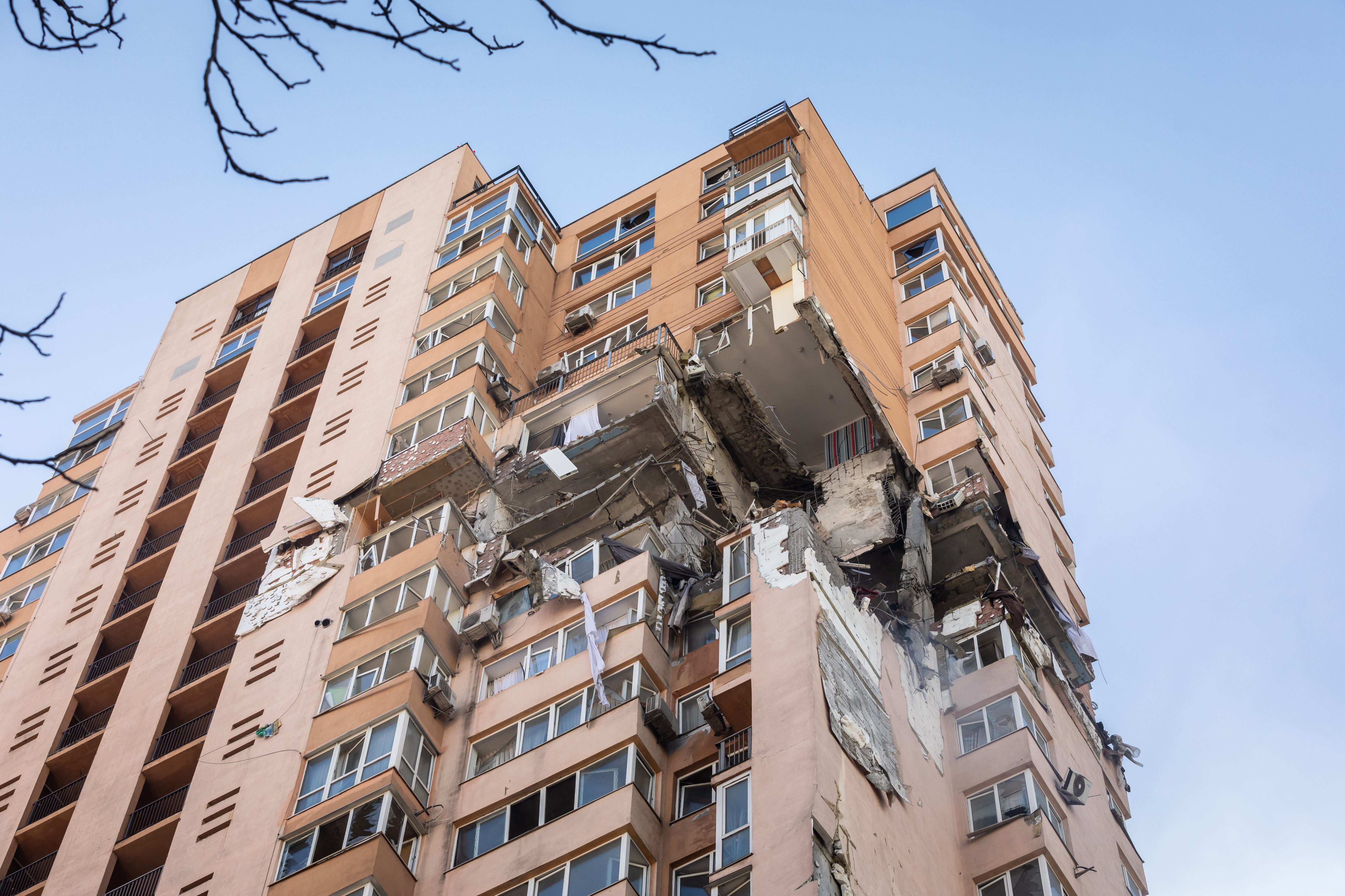 KYIV, UKRAINE - 2022/02/26: A view of damaged building in Kyiv which was hit by a recent shelling during Russia's military intervention in Ukraine.Russian military forces launched a full-scale invasion of Ukraine on February 24th.
A view of a damaged building in Kyiv which was hit by recent shelling during Russia's military intervention in Ukraine.
Russian military forces launched a full-scale invasion of Ukraine on February 24th. (Photo by Mykhaylo Palinchak/SOPA Images/LightRocket via Getty Images)