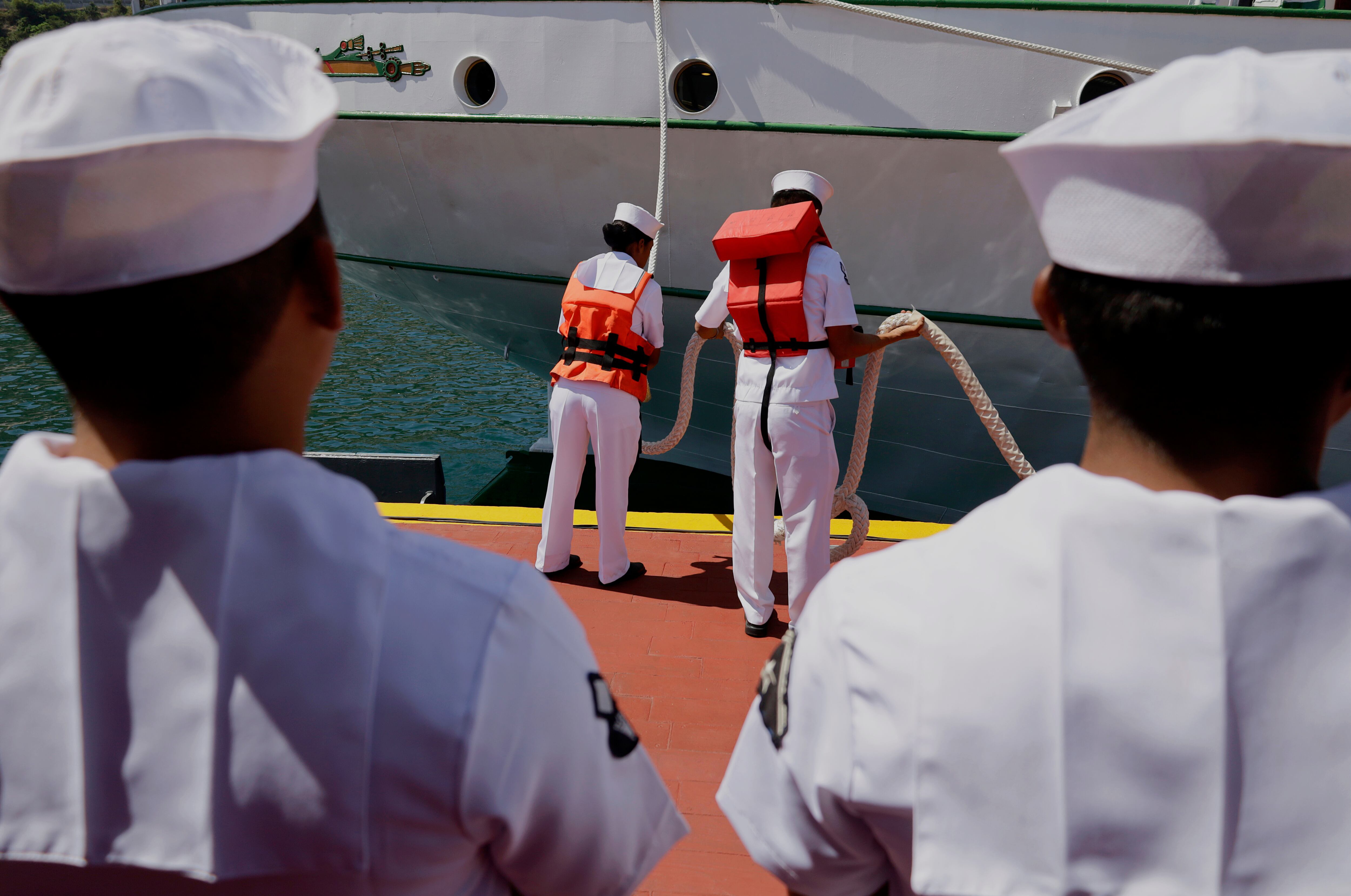 Members of the Secretariat of the Navy board the Mexican Training Ship Cuauhtemoc before sailing from Acapulco, Guerrero, to begin the Training Cruise ''Consolidation of Mexico's Independence 2025,'' with the goal of fostering the seafaring spirit, strengthening naval education, and carrying the message of peace and goodwill of the Mexican people to the seas and ports of the world in Acapulco, Mexico, on April 6, 2025. (Photo by Gerardo Vieyra/NurPhoto via Getty Images)