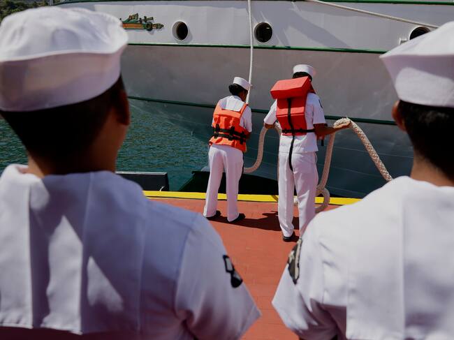 Members of the Secretariat of the Navy board the Mexican Training Ship Cuauhtemoc before sailing from Acapulco, Guerrero, to begin the Training Cruise ''Consolidation of Mexico's Independence 2025,'' with the goal of fostering the seafaring spirit, strengthening naval education, and carrying the message of peace and goodwill of the Mexican people to the seas and ports of the world in Acapulco, Mexico, on April 6, 2025. (Photo by Gerardo Vieyra/NurPhoto via Getty Images)