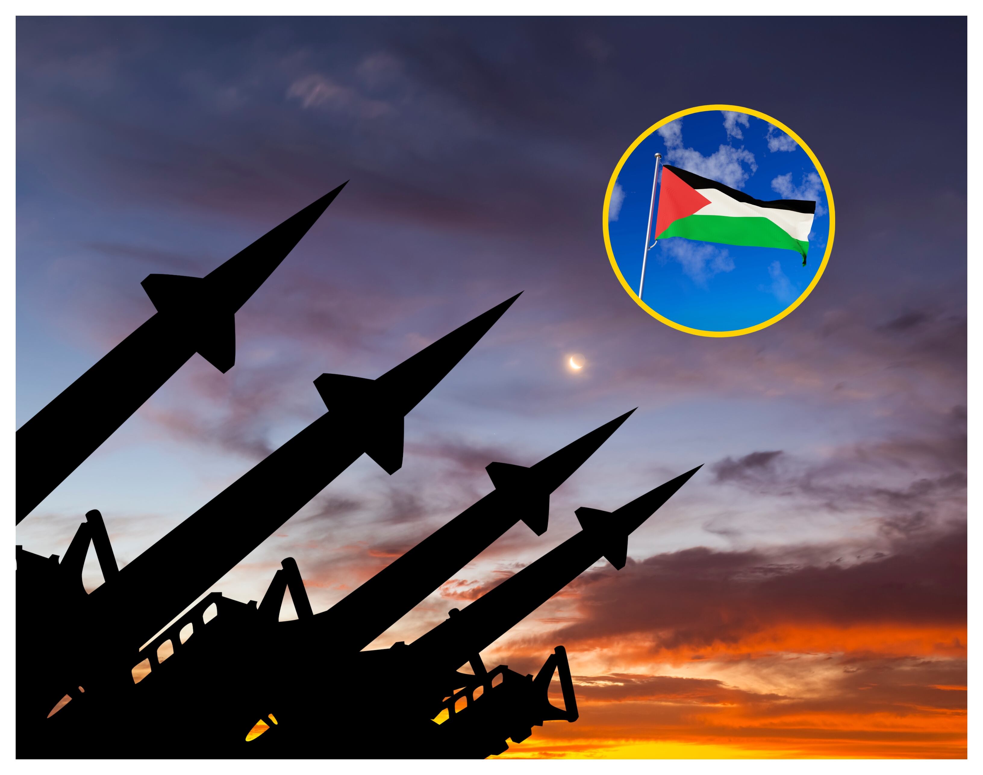 Referencia de mísiles y bandera de Palestina. Foto: Anton Petrus y Wong Yu Liang vía Getty Images.