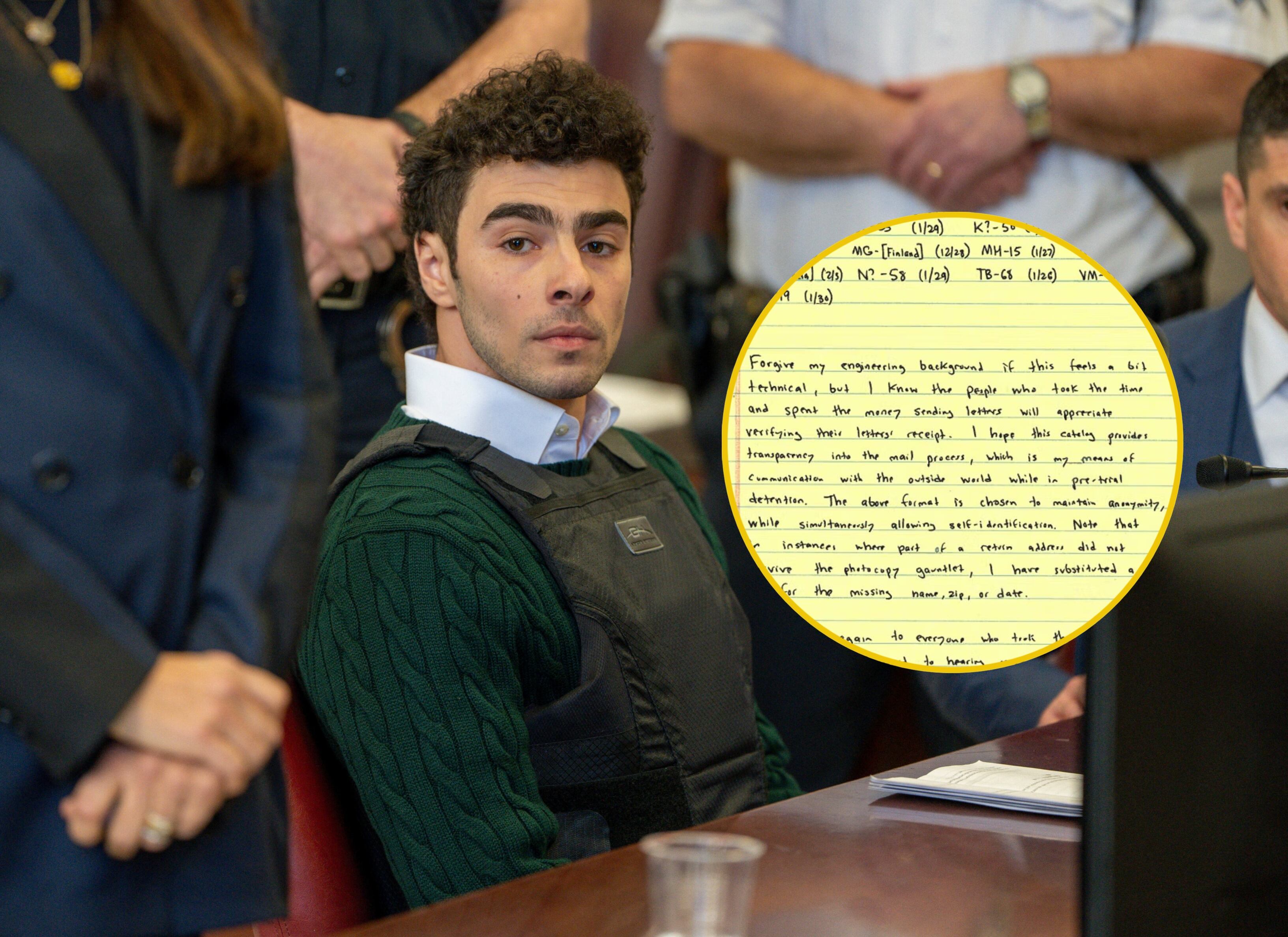 Luigi Mangione. FOTO: FOTO: STEVEN HIRSCH/POOL/AFP via Getty Images. //Carta escrita por Mangione. FOTO: Cedida por la página web de información de la defensa legal