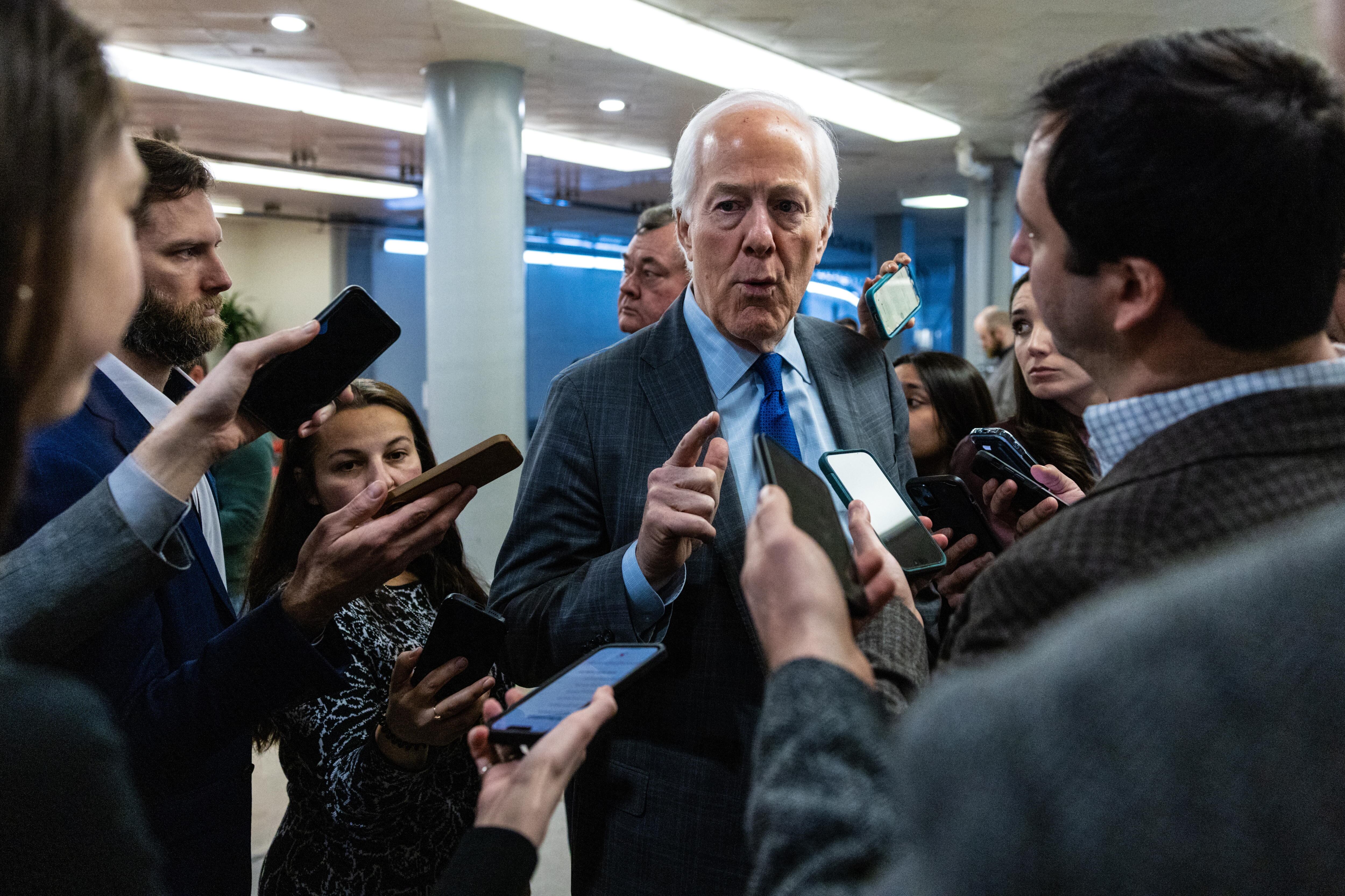 Washington (United States), 09/01/2025.- US Republican Senator from Texas, John Cornyn (C) speaks to reporters following a vote to proceed with the 'Laken Riley Act' immigration bill at the US Capitol in Washington, DC, USA, 09 January 2025. The Senate voted in favour of advancing the bill aimed at cracking down on illegal immigration. EFE/EPA/ANNA ROSE LAYDEN