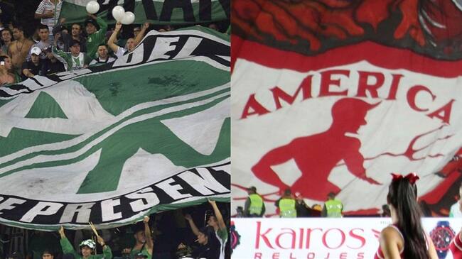 Hinchada de Nacional y de América de Cali. Foto: RAUL ARBOLEDA/AFP via Getty Images / Juan Carlos Quintero/LatinContent via Getty Images