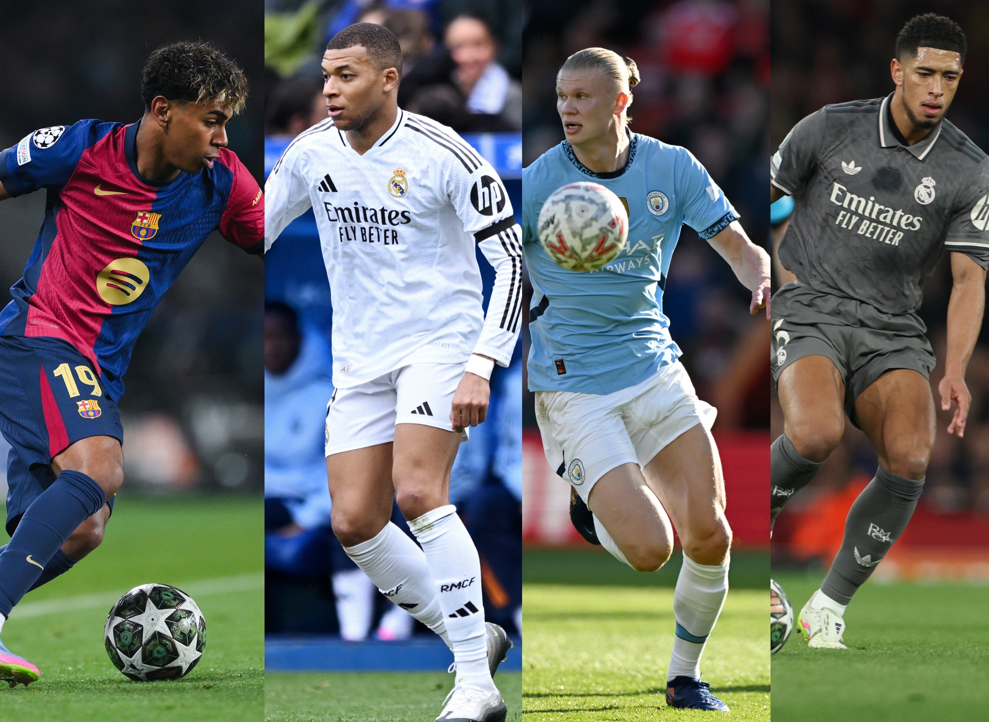 Lamine Yamal, Kylian Mbappe, Erling Haaland y Jude Bellingham. FOTO: Getty Images