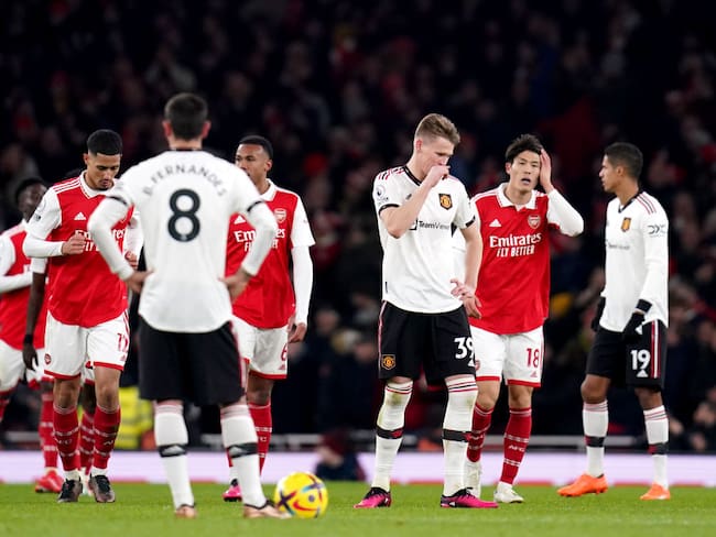 Manchester United&#039;s Scott McTominay (third right) reacts following Arsenals second goal of the game, scored by during the Premier League match at the Arsenal&#039;s Bukayo Saka (not pictured) Emirates Stadium, London. Picture date: Sunday January 22, 2023. (Photo by John Walton/PA Images via Getty Images)