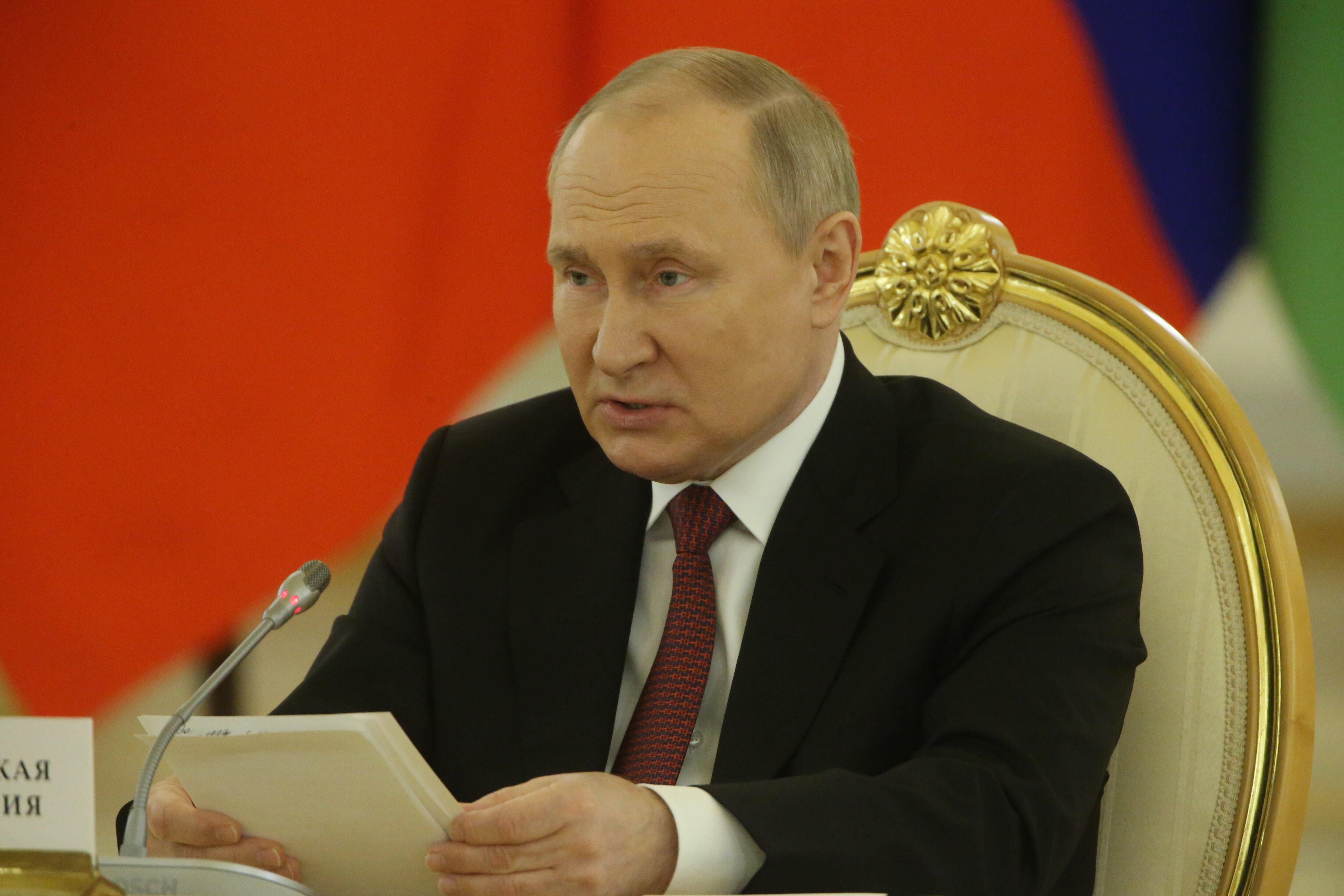 MOSCOW, RUSSIA - MAY,16 (RUSSIA OUT) Russian President Vladimir Putin speaks during the Summit of Collective Security Treaty Organisation (CSTO) at the Grand Kremlin Palace, May,16,2022, in Moscow, Russia. Leaders of post-Soviet states have gathered at the Kremlin for the summit of CSTO marking its 30th anniversary this year. (Photo by Contributor/Getty Images)