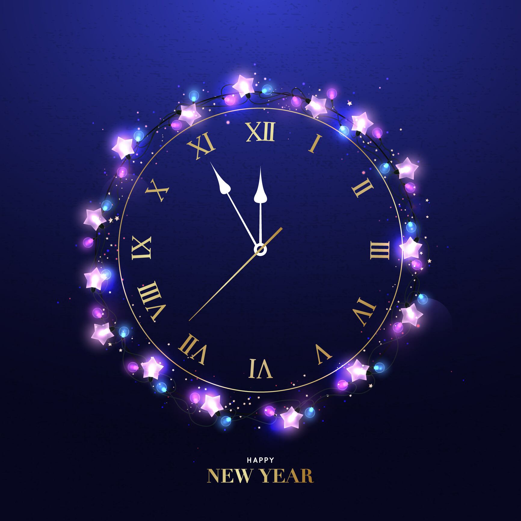 Happy New Year clock five minutes to midnight. Realistic bright garlands with gold clocks hanging on dark wall. NYE greeting card.