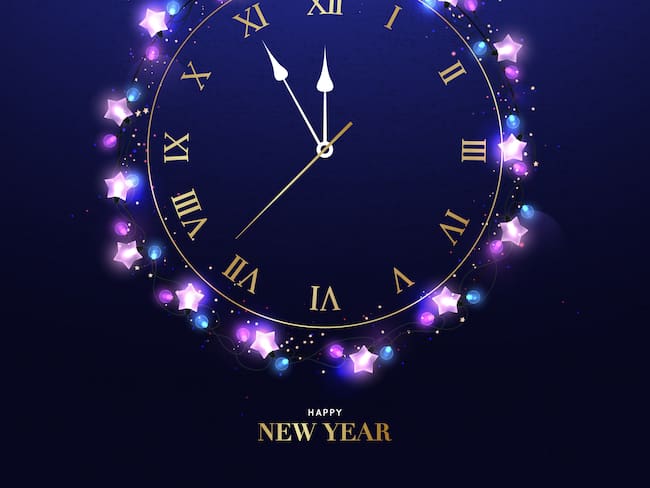 Happy New Year clock five minutes to midnight. Realistic bright garlands with gold clocks hanging on dark wall. NYE greeting card.