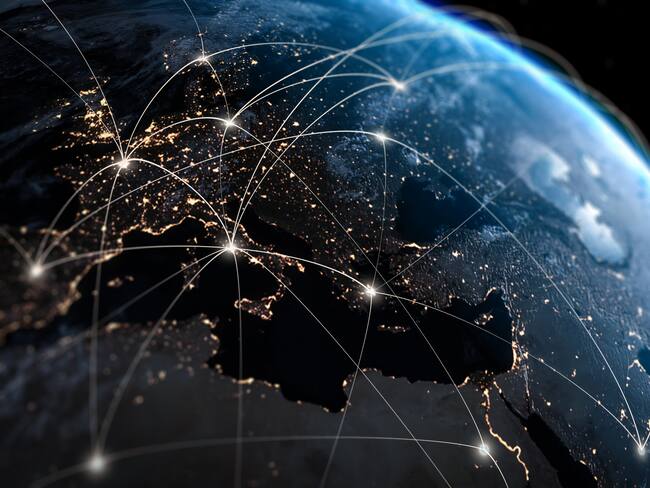 Global Network Concept. Connection Lines over Europe.
Maps from NASA: https://visibleearth.nasa.gov/images/144875/earth-at-night-black-marble-2012-color-maps-v2