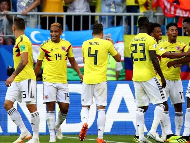 Jugadores de la Selección Colombia celebran triunfo ante Senegal