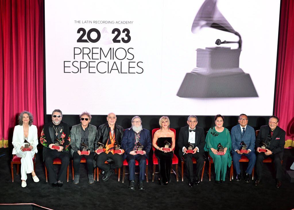 SEVILLE, SPAIN - NOVEMBER 12: (L-R) Honorees Simone, Manuel Mijares, Charly Alberti, Zeta Bosio, Gustavo Santaolalla, Ana Torroja, Wilson Torres, Carmen Linares, Alex Acuña and Arturo Sandoval attend the 2023 Latin GRAMMY Special Awards Presentation at Teatro de la Capitanía & Casino de la Exposición on November 12, 2023 in Seville, Spain. (Photo by Niccolo Guasti/Getty Images)