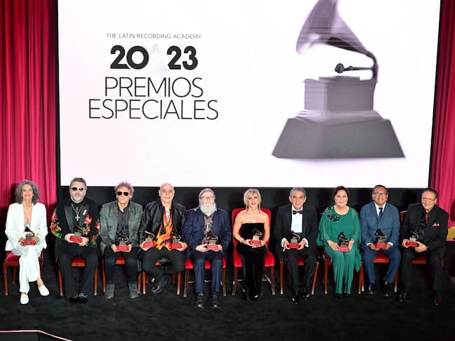 SEVILLE, SPAIN - NOVEMBER 12: (L-R) Honorees Simone, Manuel Mijares, Charly Alberti, Zeta Bosio, Gustavo Santaolalla, Ana Torroja, Wilson Torres, Carmen Linares, Alex Acuña and Arturo Sandoval attend the 2023 Latin GRAMMY Special Awards Presentation at Teatro de la Capitanía & Casino de la Exposición on November 12, 2023 in Seville, Spain. (Photo by Niccolo Guasti/Getty Images)