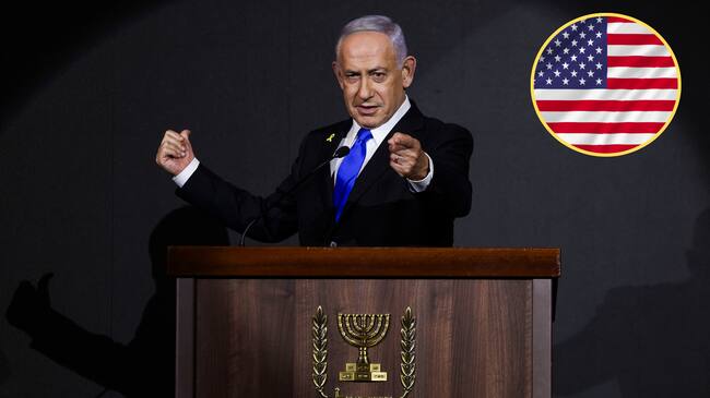 Benjamin Netanyahu, primer ministro de Israel, bandera de Estados Unidos. Foto: RONEN ZVULUN/POOL/AFP via Getty Images/ Getty Images