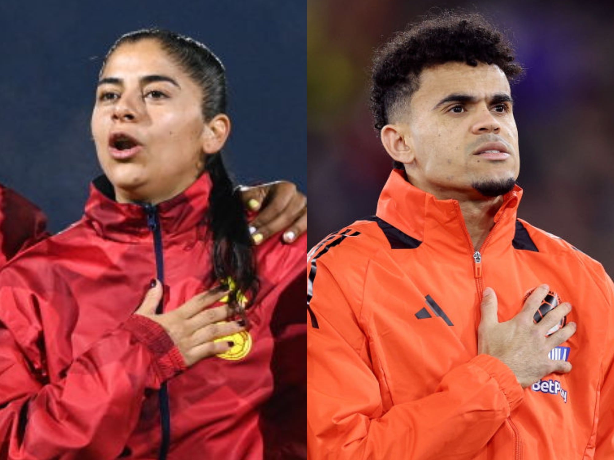 Catalina Usme, jugadora de la Selección Colombia y Luis Díaz, jugador de la Selección Colombia, cantando el himno nacional de Colombia en los actos protocolarios de un partido de fútbol. Fotos: Getty Images.