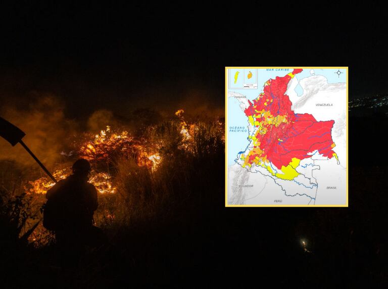 Bomberos intentando apagar incendio en Cerros de Bogotá (Getty Images) / Mapa de alertas por incendios en el país (Ideam)
