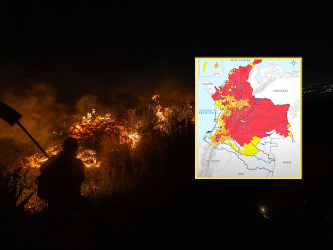 Bomberos intentando apagar incendio en Cerros de Bogotá (Getty Images) / Mapa de alertas por incendios en el país (Ideam)