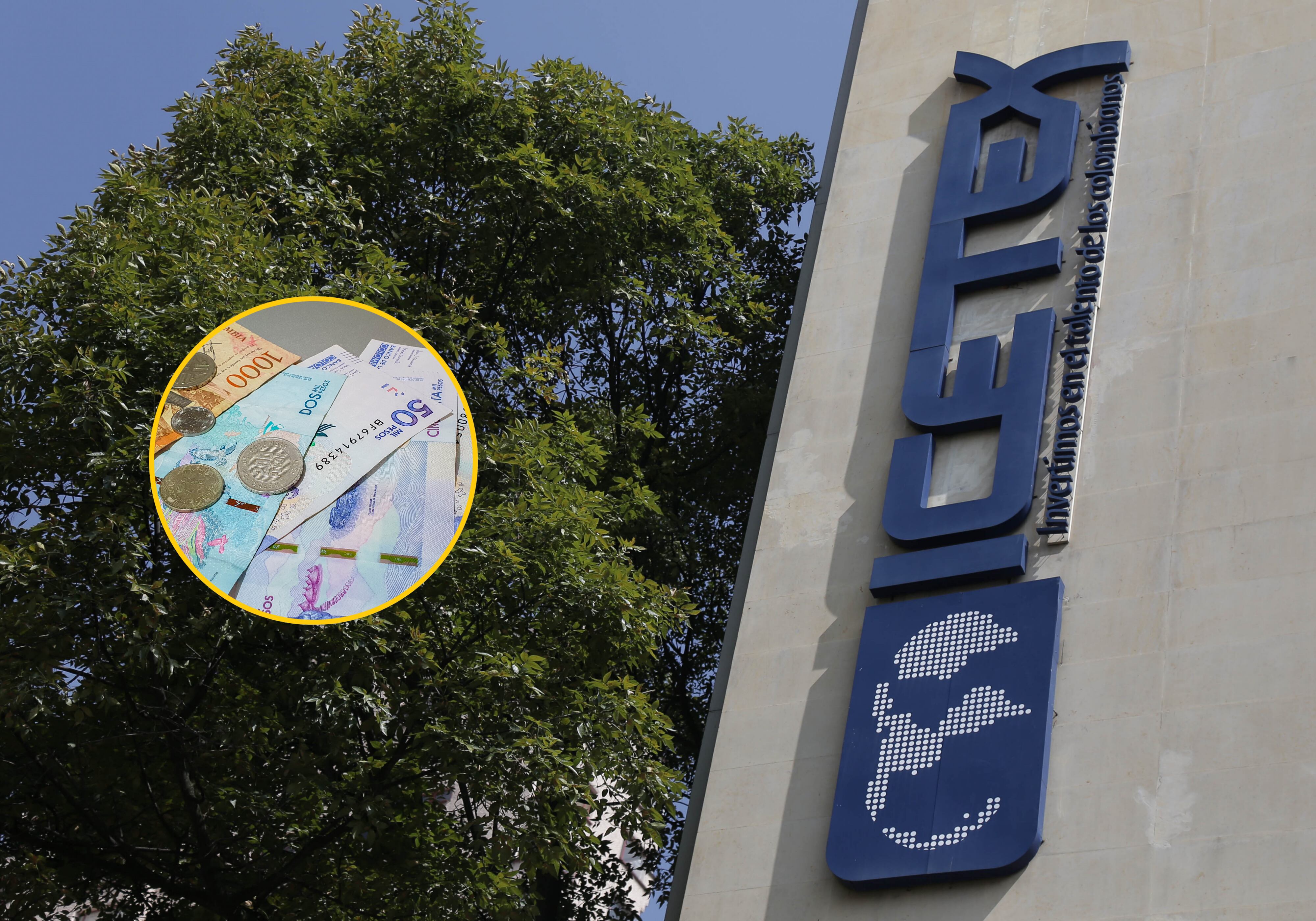 Imagen de referencia con la fachada del edificio del Icetex (Colprensa - Sofía Toscano) y billetes colombianos (Kryssia Campos/Getty Images)