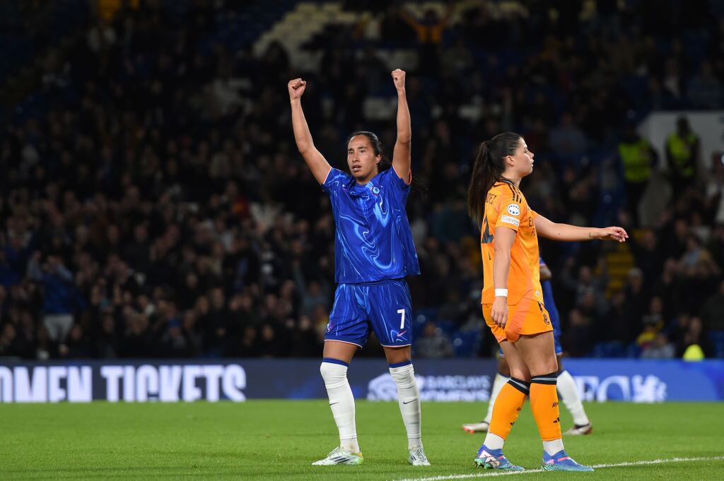 LONDON, ENGLAND - OCTOBER 08: Mayra Ramirez of Chelsea celebrates after scoring her team's third goal during the UEFA Women's Champions League match between Chelsea FC and Real Madrid CF at Stamford Bridge on October 08, 2024 in London, England. (Photo by Harriet Lander - Chelsea FC/Chelsea FC via Getty Images)