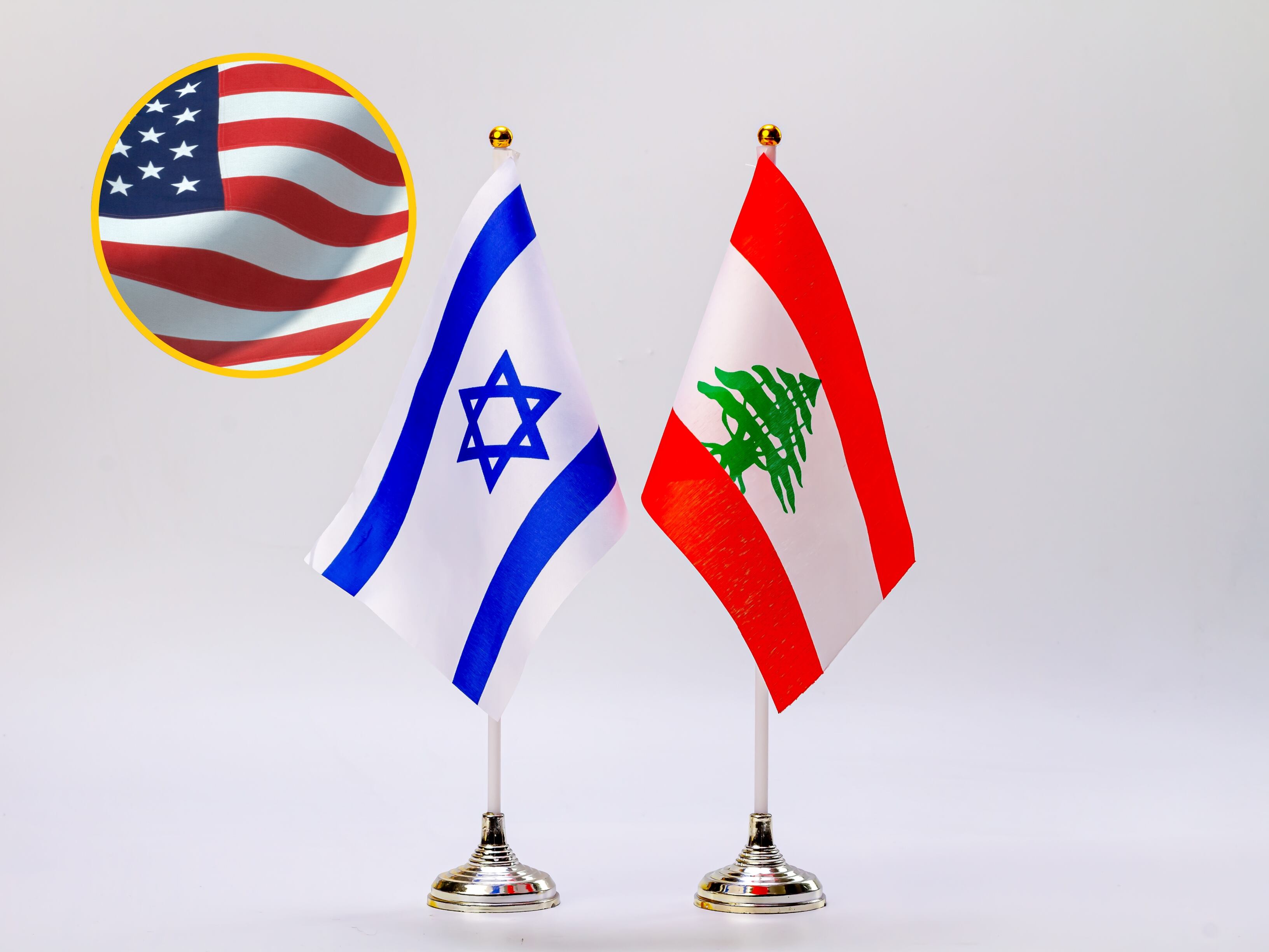 Imagen de referencia de banderas de Israel, Líbano y EE.UU. FOTO: Getty Images