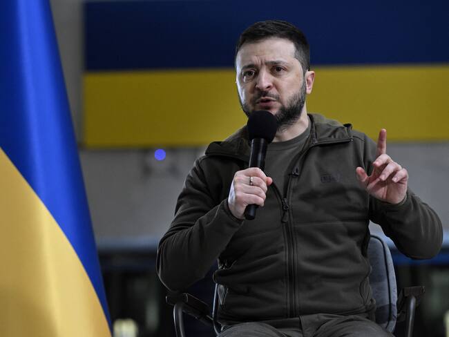 Ukrainian President Volodymyr Zelensky addresses a press conference with international media in an underground metro station in Kyiv on April 23, 2022. (Photo by Genya SAVILOV / AFP) (Photo by GENYA SAVILOV/AFP via Getty Images)