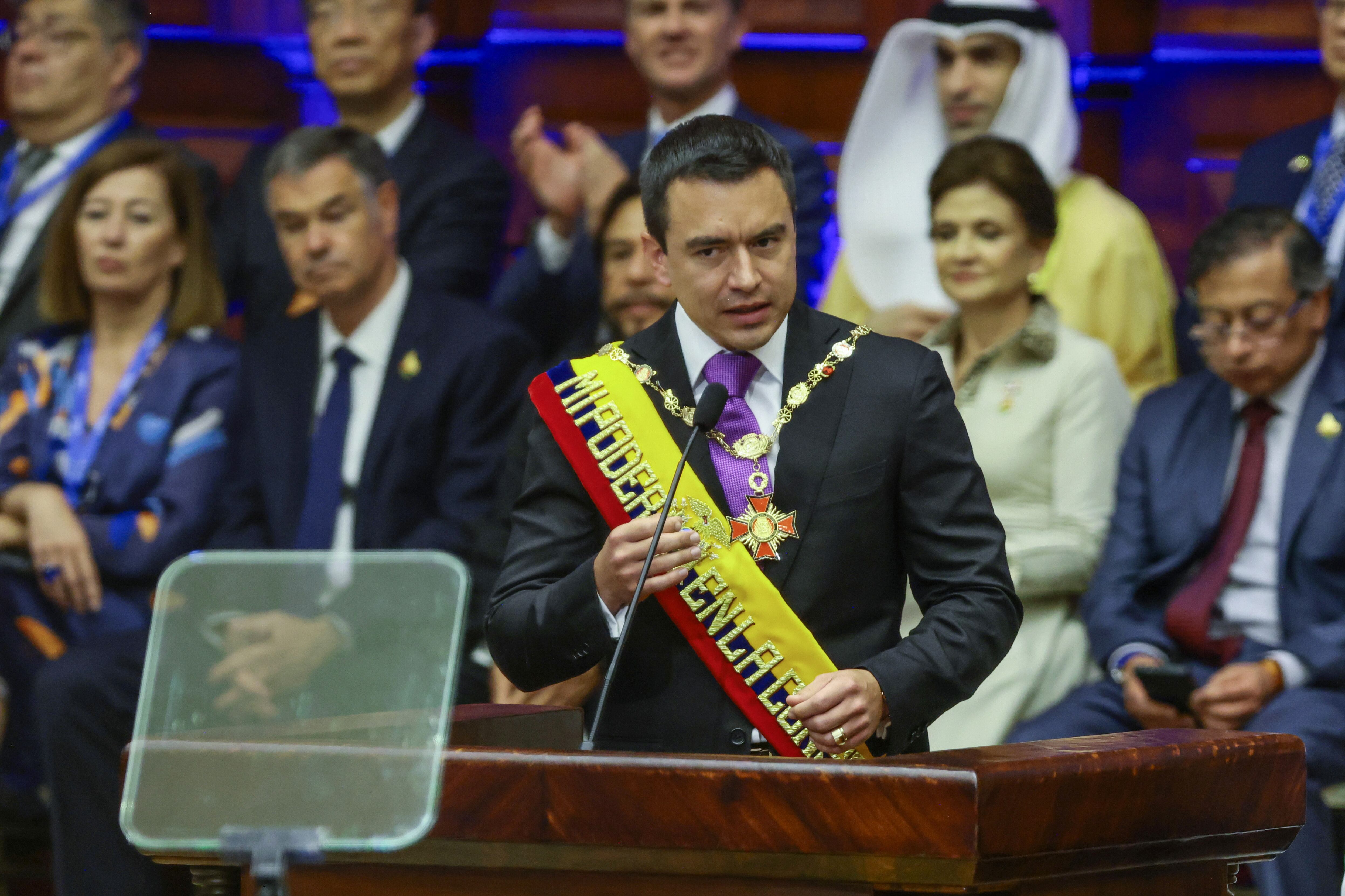 QUITO, ECUADOR - MAY 24: President of Ecuador Daniel Noboa gives a speech during the presidential inauguration at National Assembly building on May 24, 2025 in Quito, Ecuador. Noboa inaugurates his first complete 4-year term after serving 17 months in office due to President Guillermo Lasso "cross death" call to dissolve parliament and early elections. (Photo by Franklin Jacome/Getty Images)