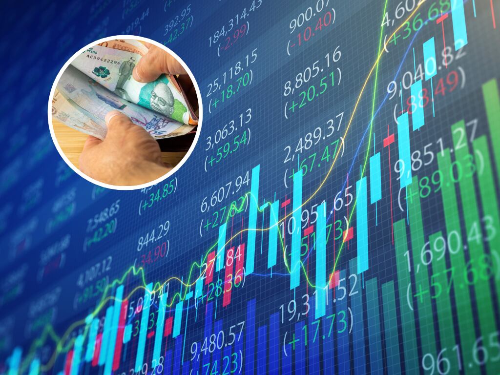 Cifras financieras subiendo y de fondo una persona mostrando su billetera con dinero colombiano(Fotos vía Getty Images)