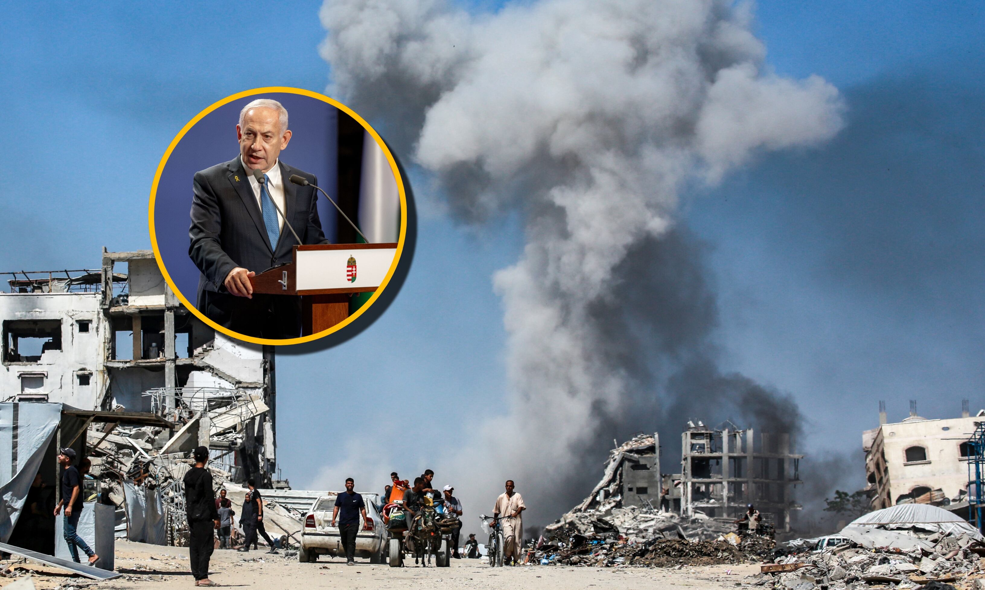 Benjamin Netanyahu y Gaza. Foto: Janos Kummer y BASHAR TALEB/AFP via Getty Images.