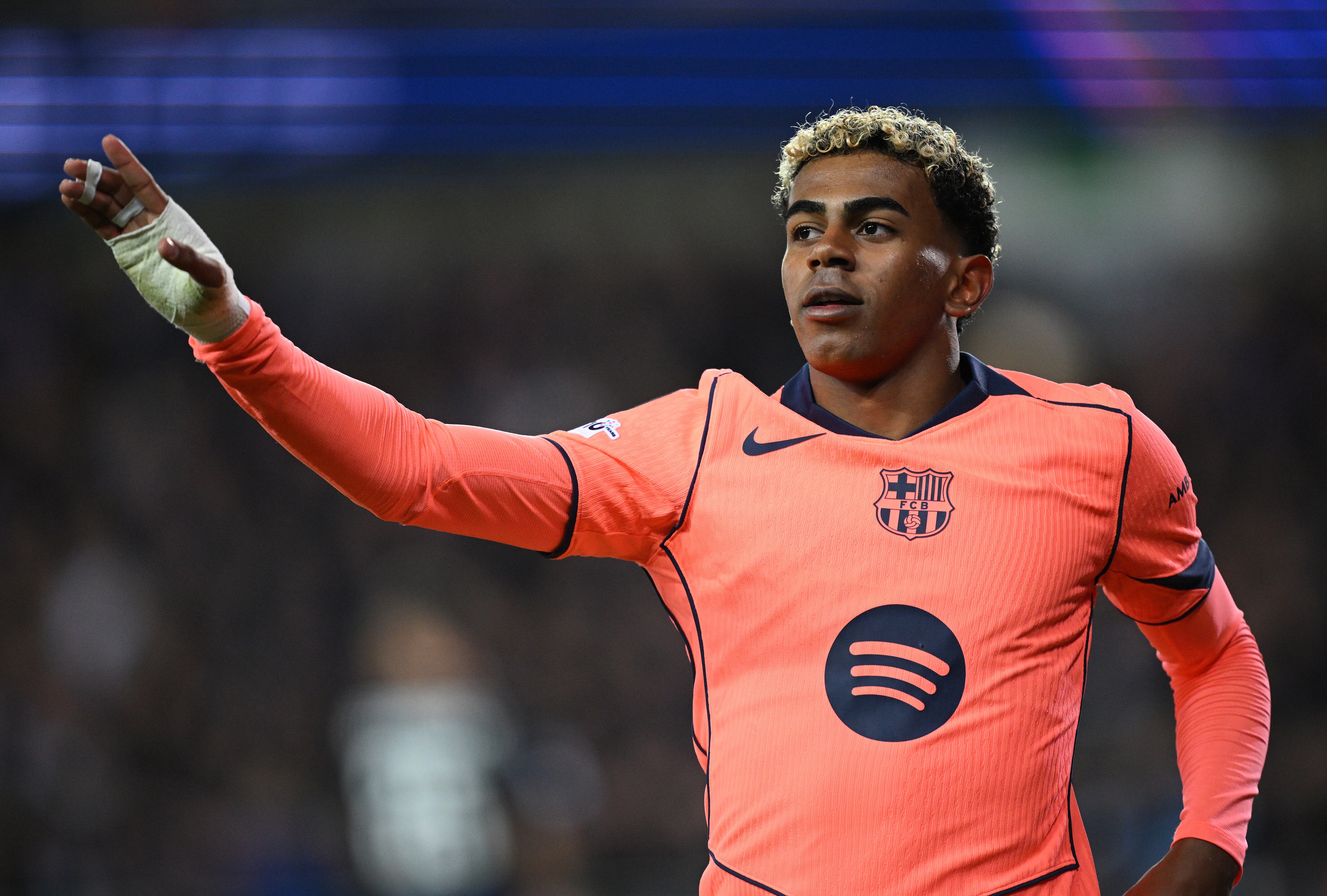 Lamine Yamal celebra su gol ante el Club Brujas por Champions League. FOTO: Stuart Franklin/Getty Images