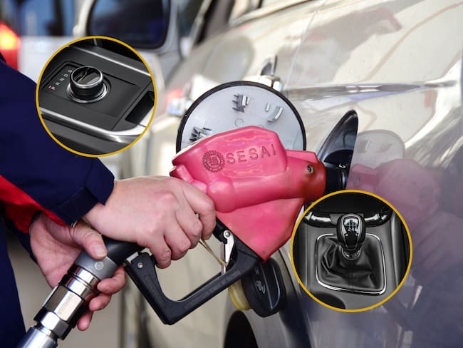 Una persona echando gasolina a un vehículo. En los círculos, las imágenes de una caja automática y una mecánica (Fotos vía GettyImages)
