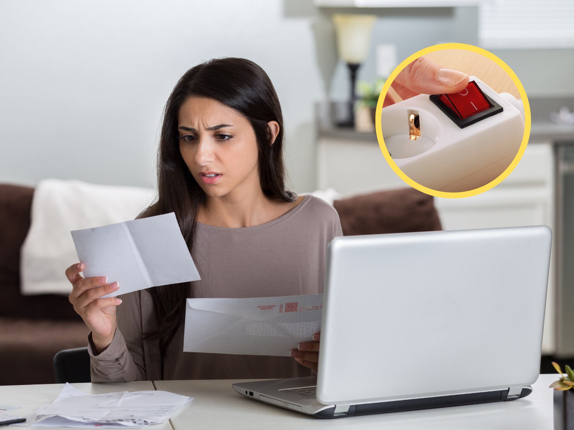 Mujer preocupada viendo la factura de la luz. En el círculo, imagen referencia de una persona apagando un tomacorriente múltiple (Fotos vía GettyImages)