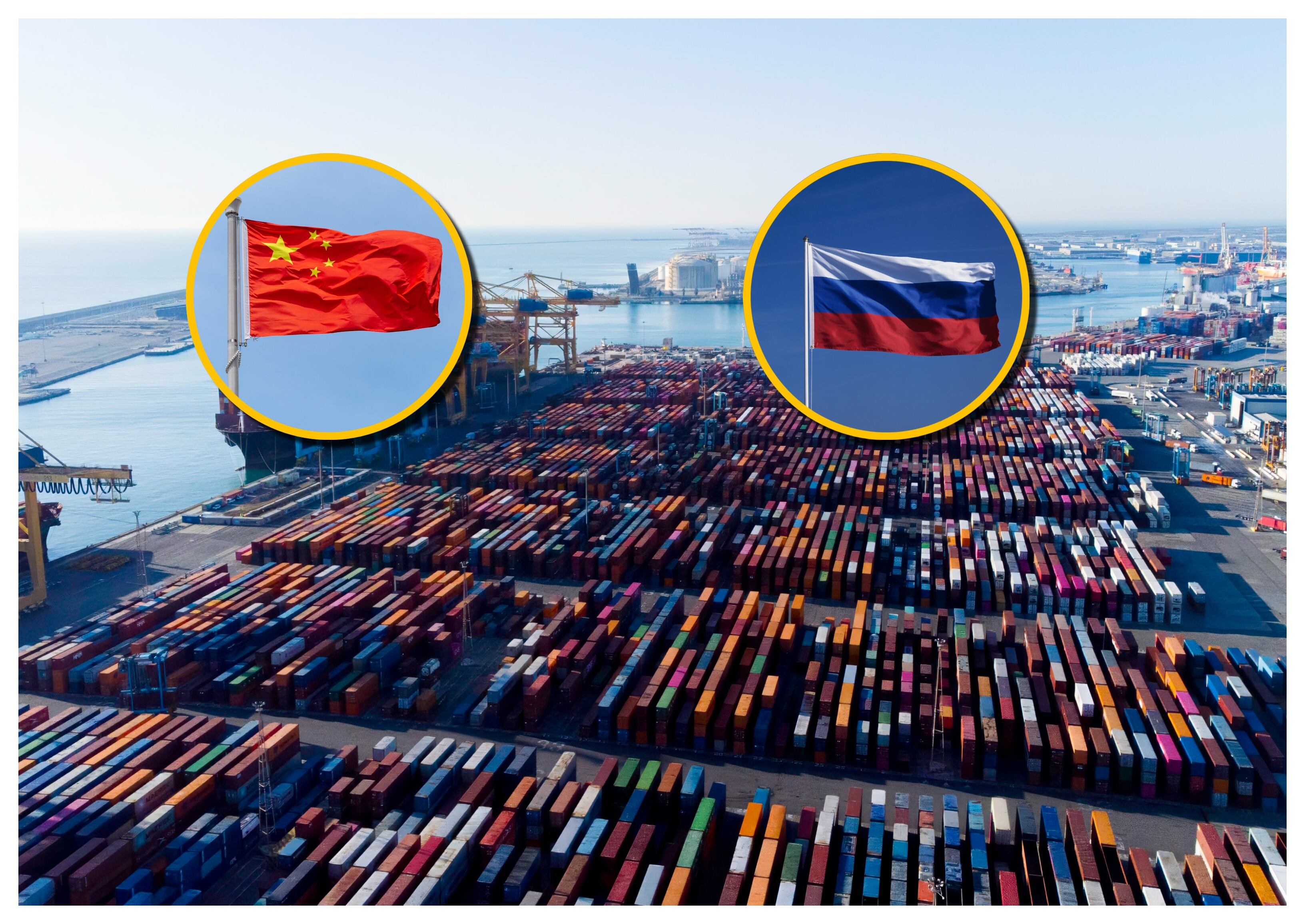 Referenxcia de aranceles y banderas de China y Rusia. Foto: Richard Sharrocks/ Wolfgang Deuter/ beingbonny vía Getty Images.