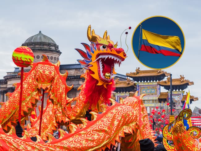 Danza del dragón en el Año Nuevo chino. En el círculo, la imagen de la bandera de Colombia (Fotos vía GettyImages)