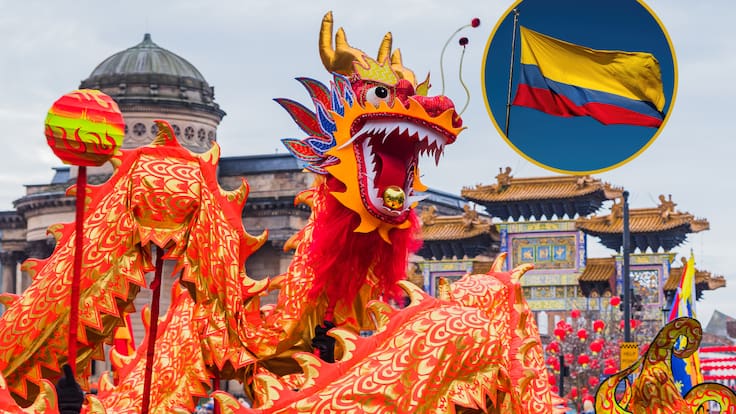 Danza del dragón en el Año Nuevo chino. En el círculo, la imagen de la bandera de Colombia (Fotos vía GettyImages)