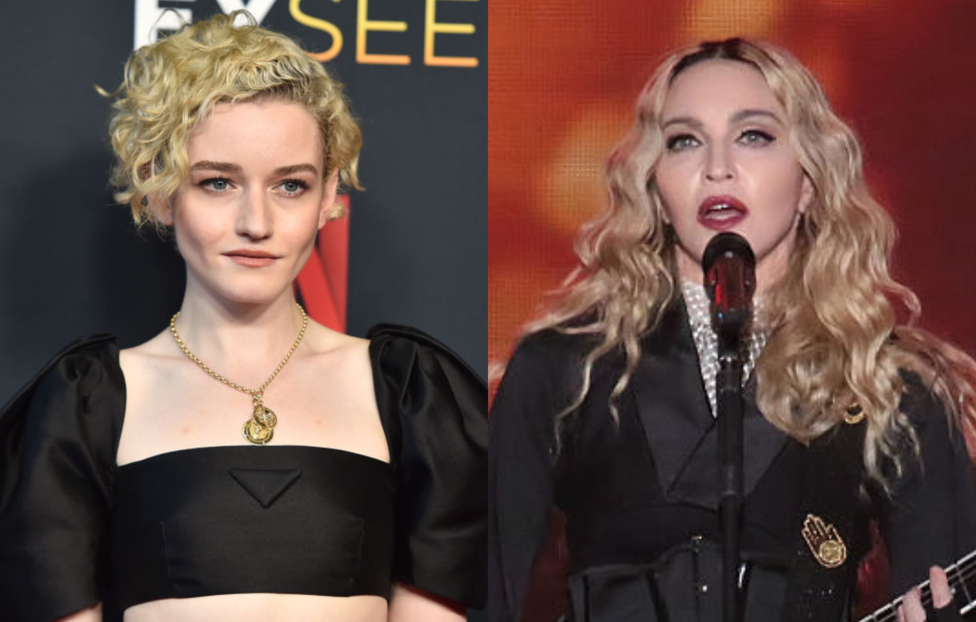La actriz Julia Garner y la cantante Madona. Fotos: GettyImages.