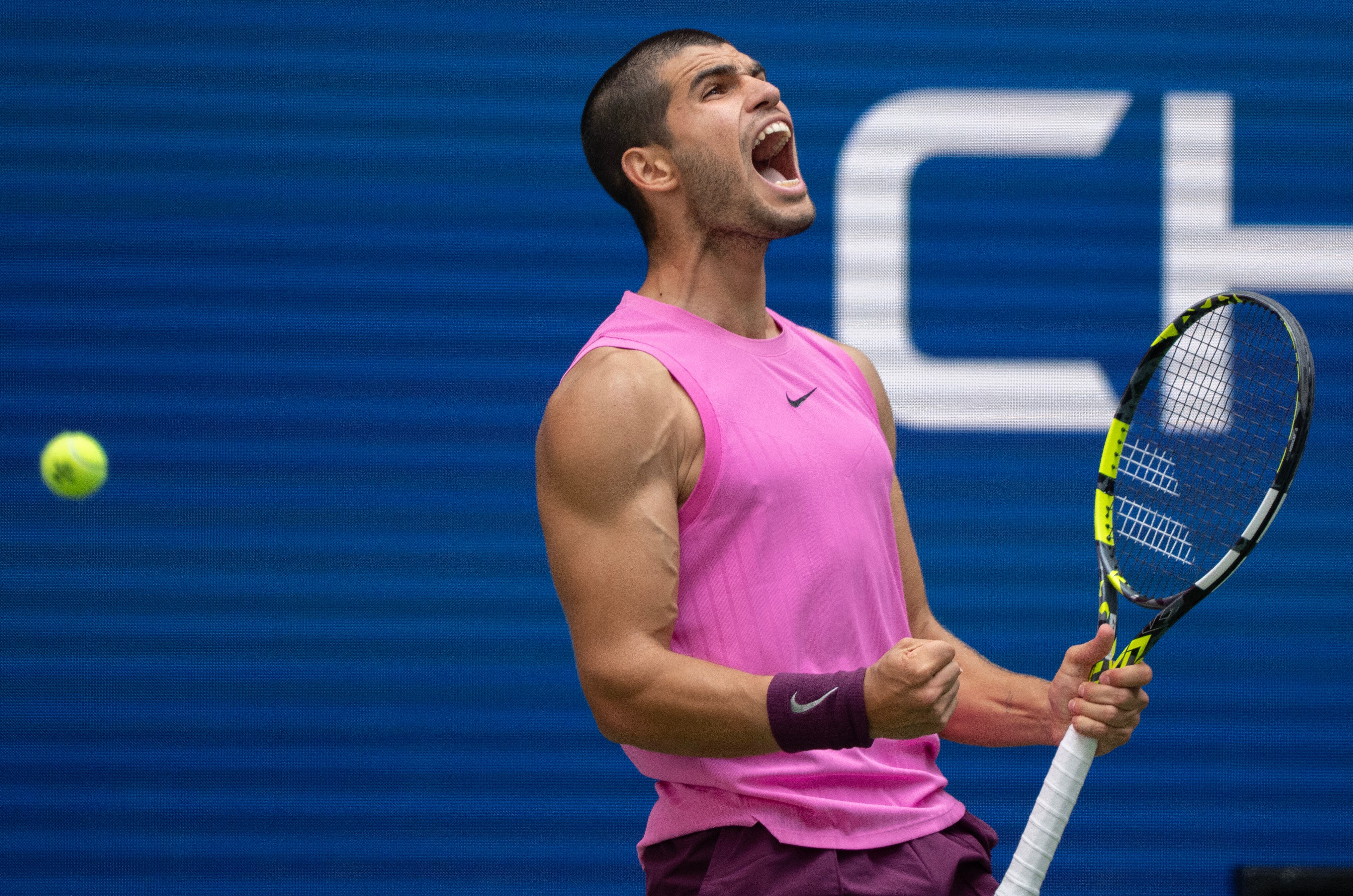 NEW YORK, NEW YORK - SEPTEMBER 02: Carlos Alcaraz of Spain reacts against Jiri Lehecka of Czechia during their Men's Quarterfinal match on Day Ten of the 2025 US Open at USTA Billie Jean King National Tennis Center on September 2, 2025 in the Flushing neighborhood of the Queens borough of New York City. (Photo by Susan Mullane/ISI Photos/ISI Photos via Getty Images)