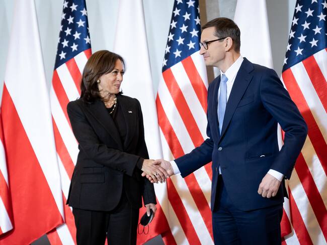U.S. Vice President Kamala Harris meets Polish Prime Minister Mateusz Morawiecki at the Chancellery in Warsaw, Poland, on March 10, 2022. (Photo by Mateusz Wlodarczyk/NurPhoto via Getty Images)