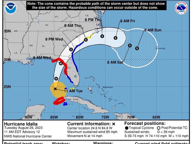 Gráfico cedido por el Centro Nacional de Huracanes (NHC) de Estados Unidos donde se muestra el pronóstico de cinco días del huracán Idalia. Más de 1,6 millones de personas tienen órdenes de evacuar sus residencias en Florida ante la cercanía del huracán Idalia que, según los meteorólogos, tocará tierra en el noroeste del estado con vientos de categoría 3 (a partir de 111 millas por hora o 178 kilómetros por hora) este miércoles. EFE/NHC