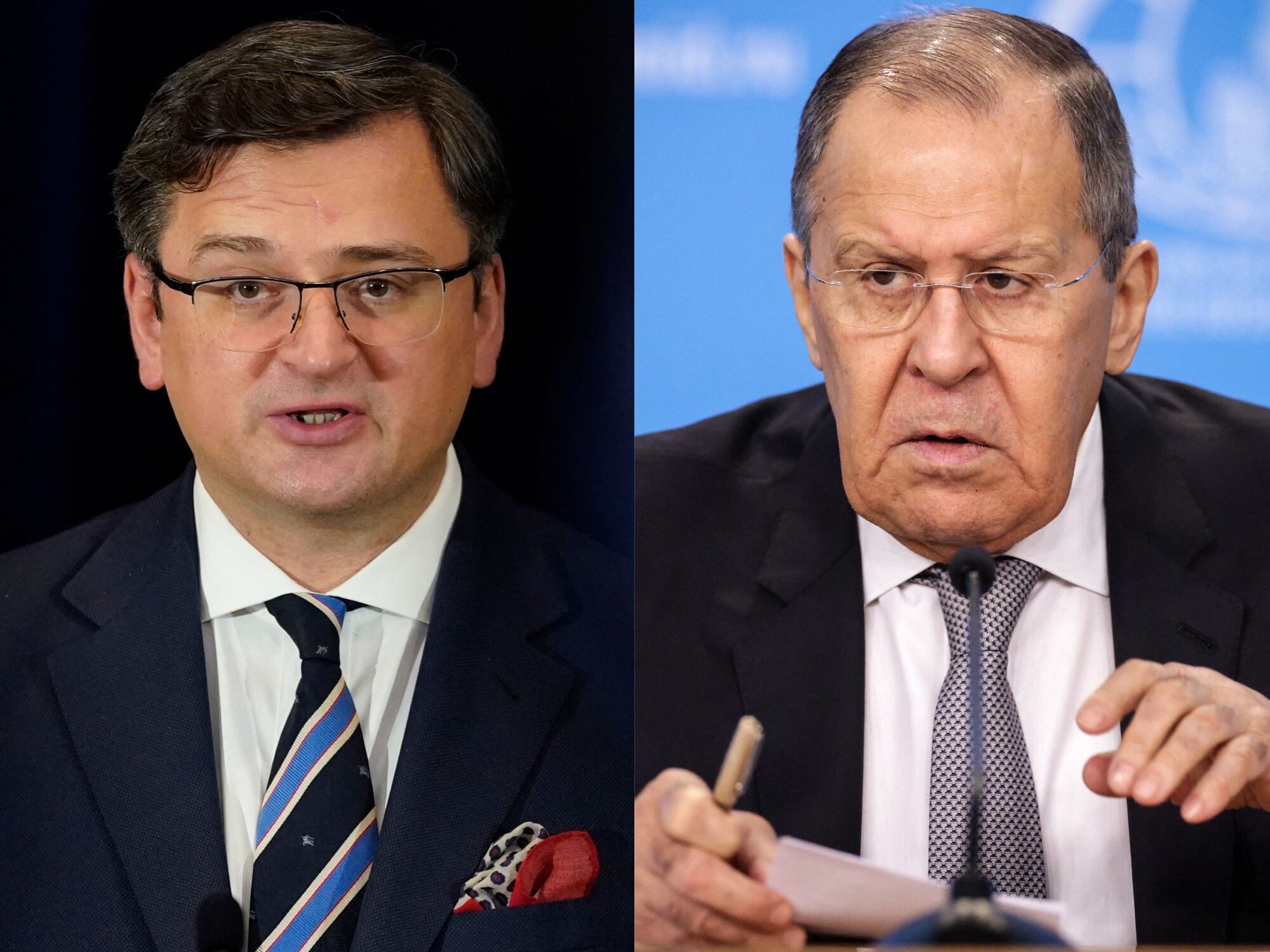 Dmytro Kuleba y Serguéi Lavrov. Foto: CAROLYN KASTER/POOL - DIMITAR DILKOFF/AFP