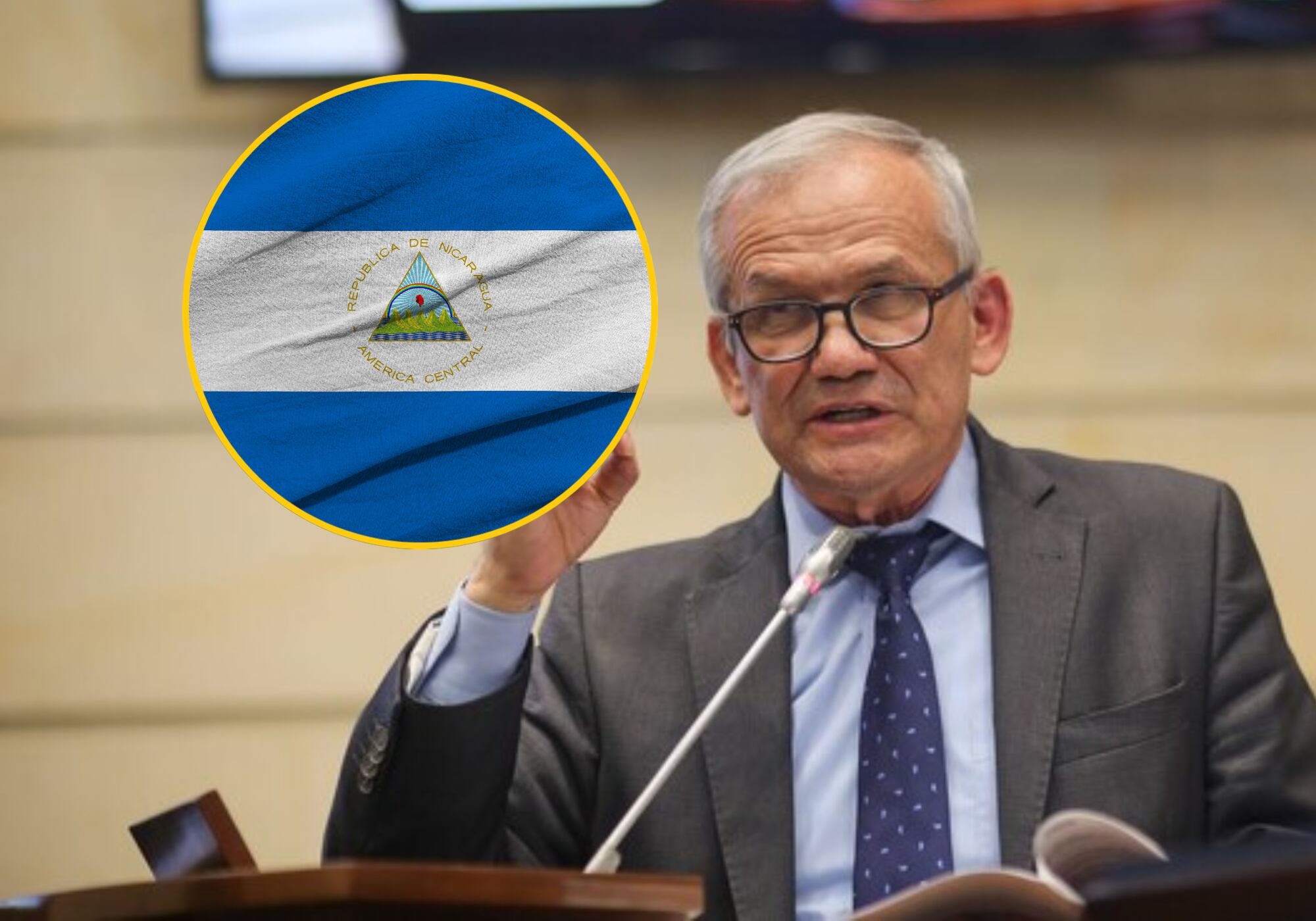 Carlos Ramón González y bandera de Nicaragua. Fotos: (Colprensa-Senado de la República) / Getty Images