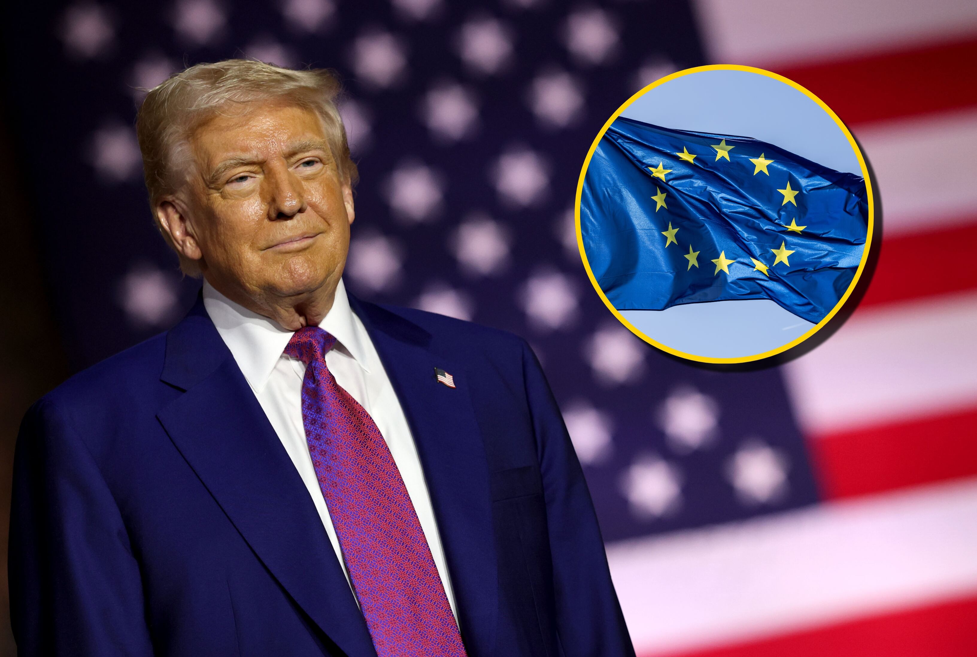 Donald Trump y bandera de la UE. Foto: Win McNamee y fhm vía Getty Images. 