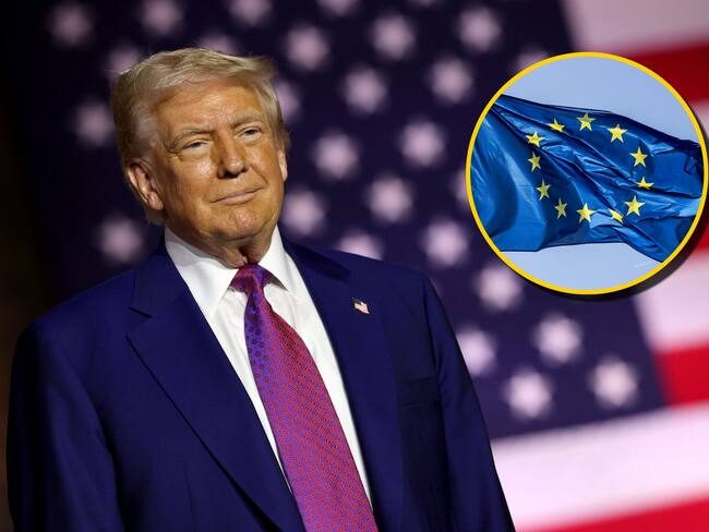 Donald Trump y bandera de la UE. Foto: Win McNamee y fhm vía Getty Images.