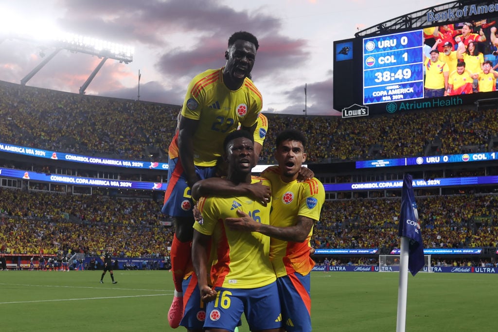 CHARLOTTE, NORTH CAROLINA - JULY 10: Jefferson Lerma of Colombia celebrates with teammates after scoring the team's first goal during the CONMEBOL Copa America 2024 semifinal match between Uruguay and Colombia at Bank of America Stadium on July 10, 2024 in Charlotte, North Carolina. (Photo by Tim Nwachukwu/Getty Images)