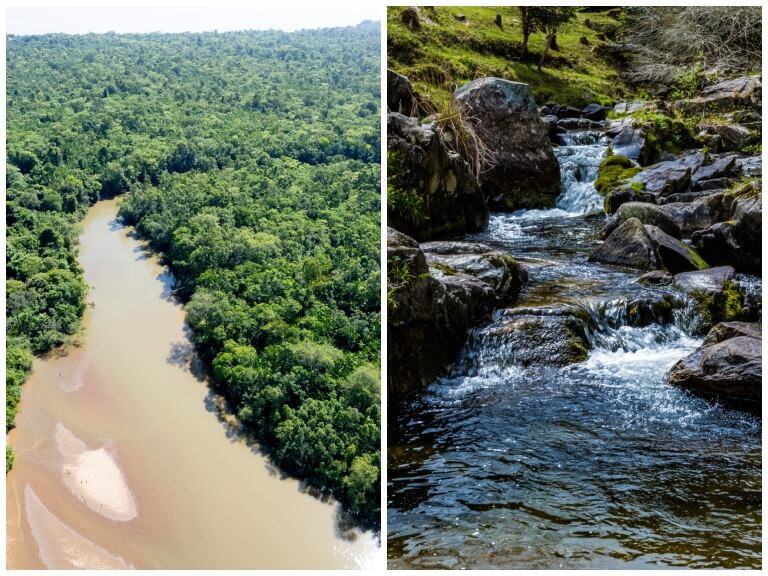 A la izquierda imagen del río Amazonas. A la derecha imagen referencia de una quebrada (GettyImages)