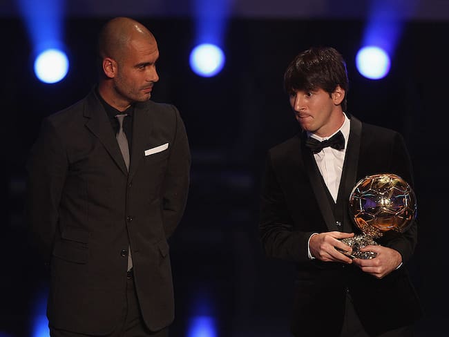 Pep Guardiola y Messi en la gala del Balón de Oro en 2010. Foto: Michael Steele/Getty Images.
