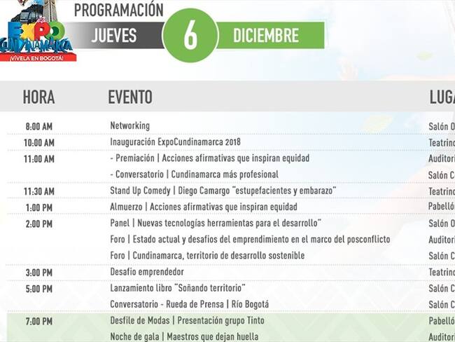Programación del 6 de diciembre en ExpoCundinamarca. Foto: