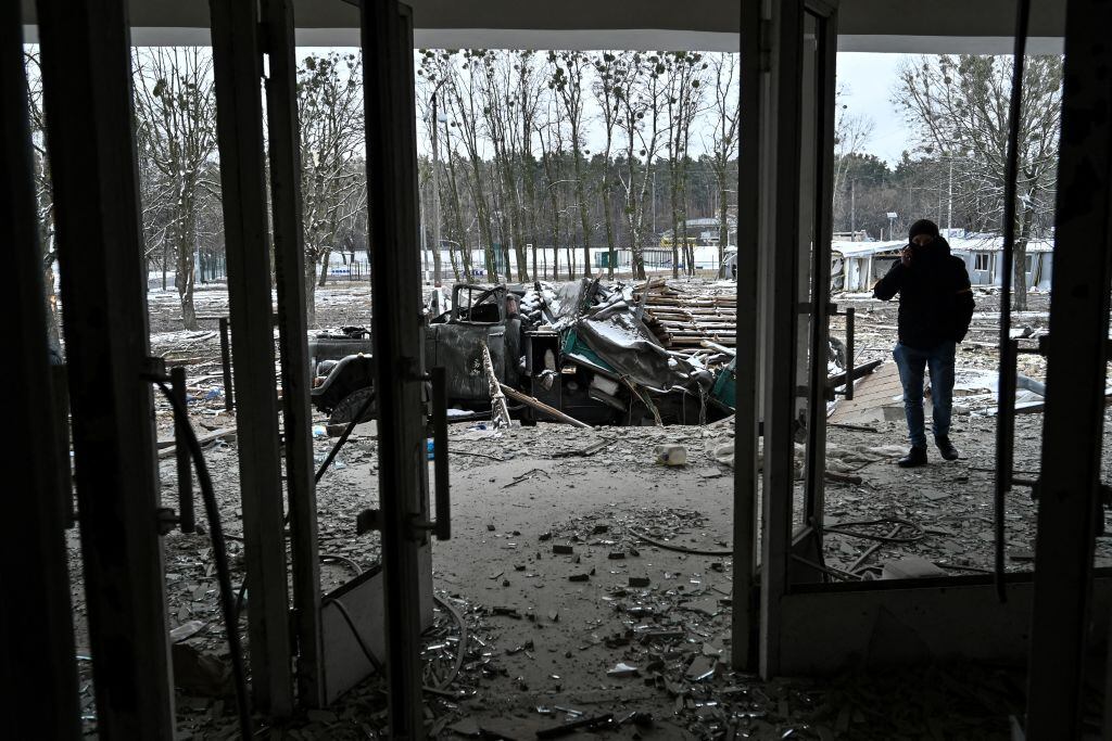 The view of military facility which was destroyed by recent shelling in the city of Brovary outside Kyiv on March 1, 2022. - Russian troops will carry out an attack on the infrastructure of Ukraine's security services in Kyiv and urged residents living nearby to leave, the defence ministry said on March 1, 2022. (Photo by Genya SAVILOV / AFP) (Photo by GENYA SAVILOV/AFP via Getty Images)