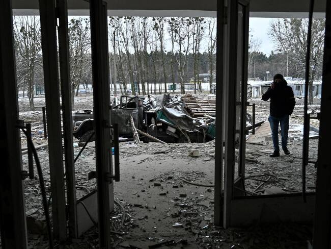 The view of military facility which was destroyed by recent shelling in the city of Brovary outside Kyiv on March 1, 2022. - Russian troops will carry out an attack on the infrastructure of Ukraine's security services in Kyiv and urged residents living nearby to leave, the defence ministry said on March 1, 2022. (Photo by Genya SAVILOV / AFP) (Photo by GENYA SAVILOV/AFP via Getty Images)