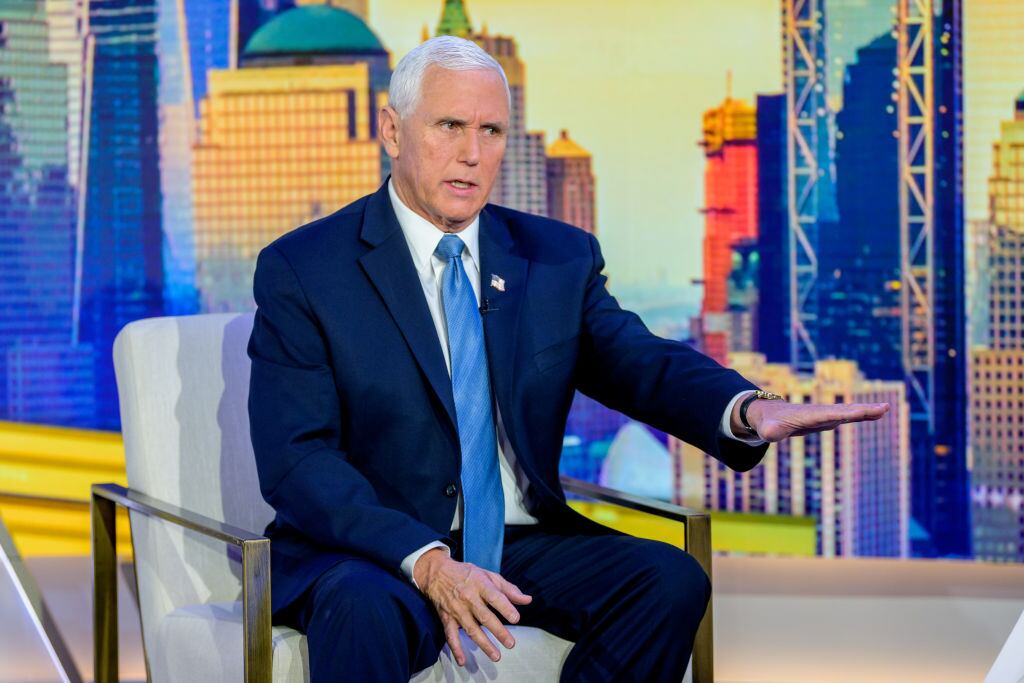 NEW YORK, NEW YORK - MARCH 24: Former Vice President Mike Pence Visits "Mornings With Maria" with host Maria Bartiromo at Fox Business Network Studios on March 24, 2023 in New York City. (Photo by Roy Rochlin/Getty Images)